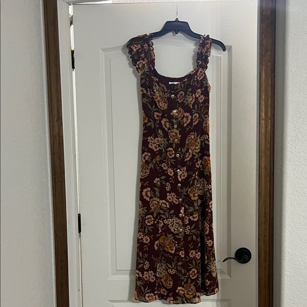 Olivaceous Burgundy Floral Midi Dress